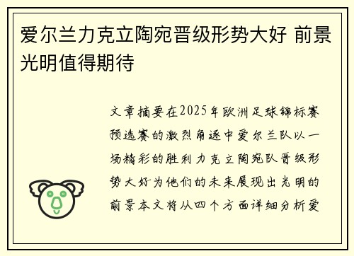 爱尔兰力克立陶宛晋级形势大好 前景光明值得期待