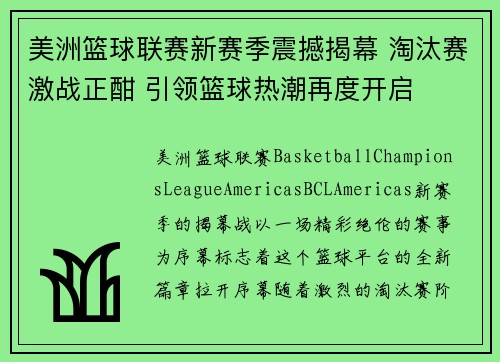 美洲篮球联赛新赛季震撼揭幕 淘汰赛激战正酣 引领篮球热潮再度开启