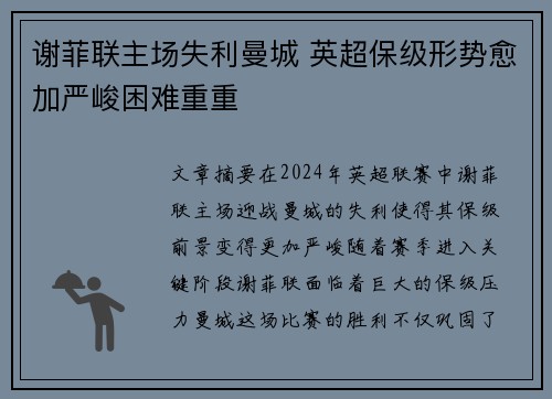 谢菲联主场失利曼城 英超保级形势愈加严峻困难重重