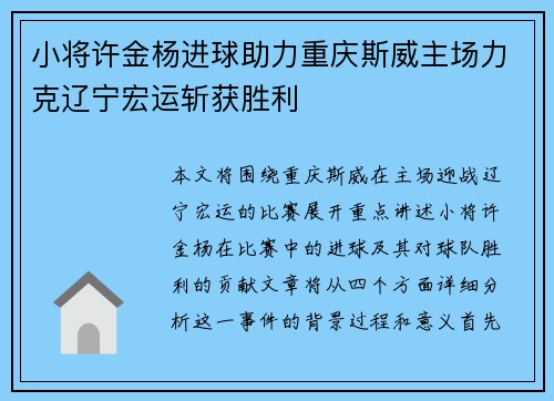 小将许金杨进球助力重庆斯威主场力克辽宁宏运斩获胜利