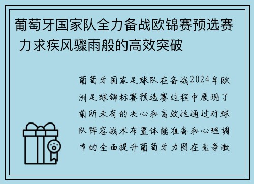 葡萄牙国家队全力备战欧锦赛预选赛 力求疾风骤雨般的高效突破