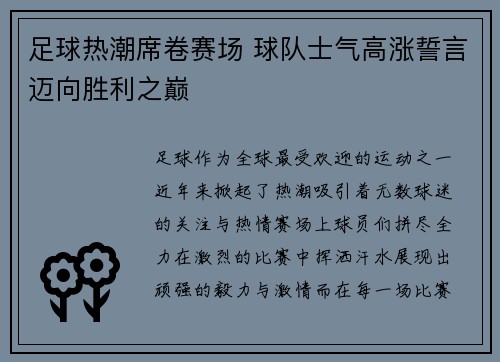 足球热潮席卷赛场 球队士气高涨誓言迈向胜利之巅