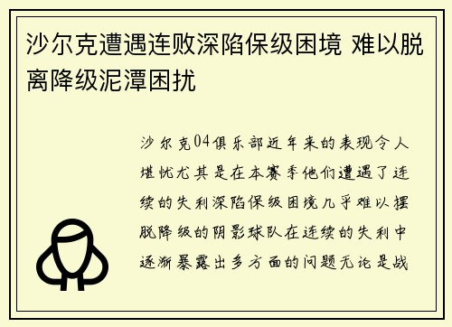 沙尔克遭遇连败深陷保级困境 难以脱离降级泥潭困扰