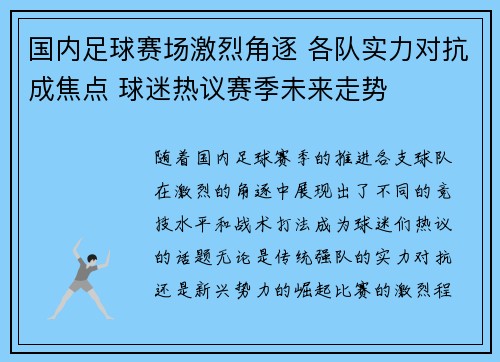 国内足球赛场激烈角逐 各队实力对抗成焦点 球迷热议赛季未来走势