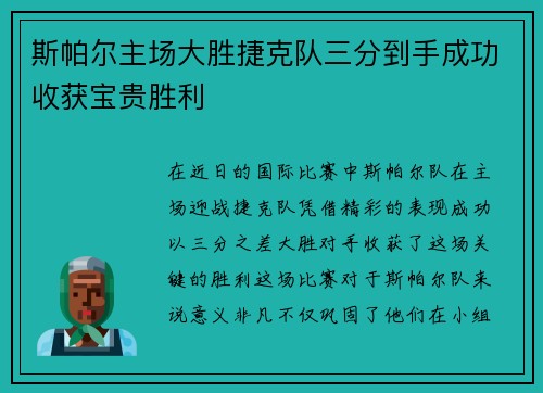 斯帕尔主场大胜捷克队三分到手成功收获宝贵胜利