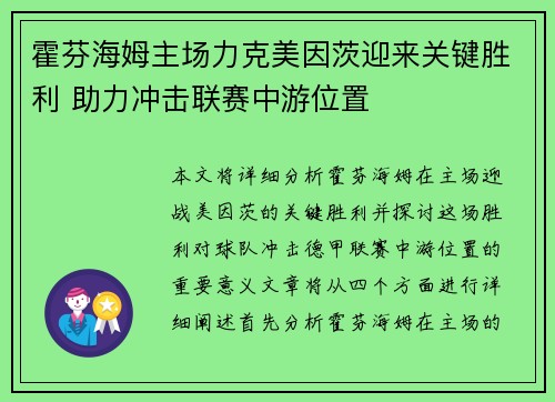 霍芬海姆主场力克美因茨迎来关键胜利 助力冲击联赛中游位置