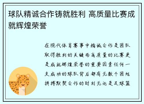球队精诚合作铸就胜利 高质量比赛成就辉煌荣誉