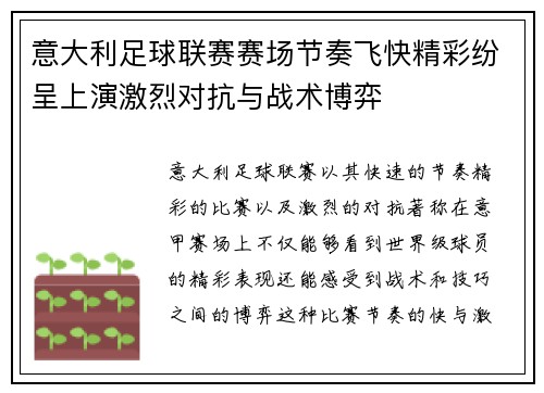意大利足球联赛赛场节奏飞快精彩纷呈上演激烈对抗与战术博弈
