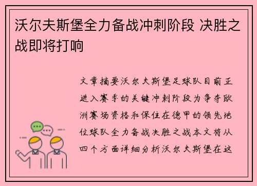 沃尔夫斯堡全力备战冲刺阶段 决胜之战即将打响