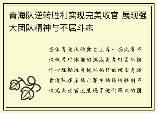 青海队逆转胜利实现完美收官 展现强大团队精神与不屈斗志