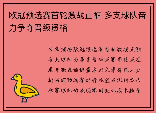 欧冠预选赛首轮激战正酣 多支球队奋力争夺晋级资格