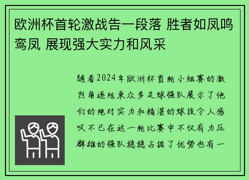 欧洲杯首轮激战告一段落 胜者如凤鸣鸾凤 展现强大实力和风采