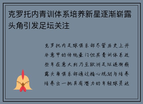 克罗托内青训体系培养新星逐渐崭露头角引发足坛关注