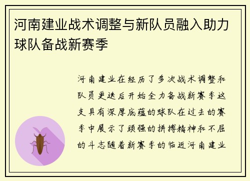 河南建业战术调整与新队员融入助力球队备战新赛季
