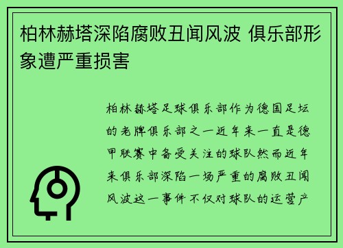 柏林赫塔深陷腐败丑闻风波 俱乐部形象遭严重损害