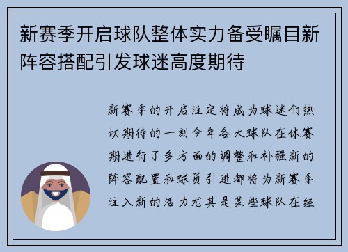 新赛季开启球队整体实力备受瞩目新阵容搭配引发球迷高度期待
